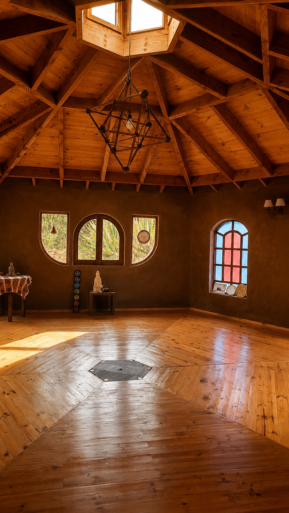 Interior de La Kiva — techo de madera, lucernario y muros de barro