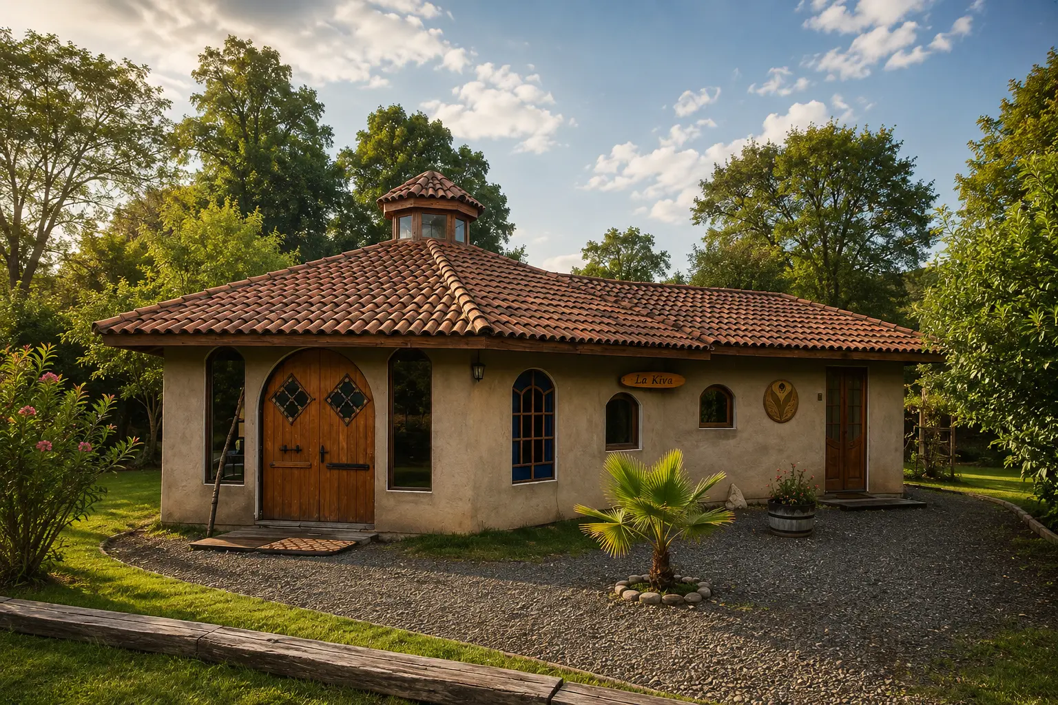 Fachada de La Kiva en barro y madera rodeada de jardines